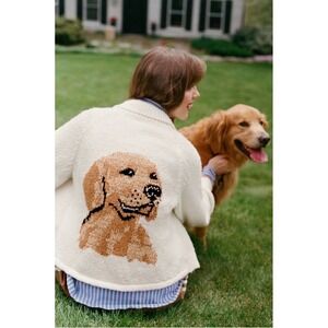 NWT Anthropologie Golden Retriever Cardigan Sweater Sz S PILCRO Ivory Jesse Dog